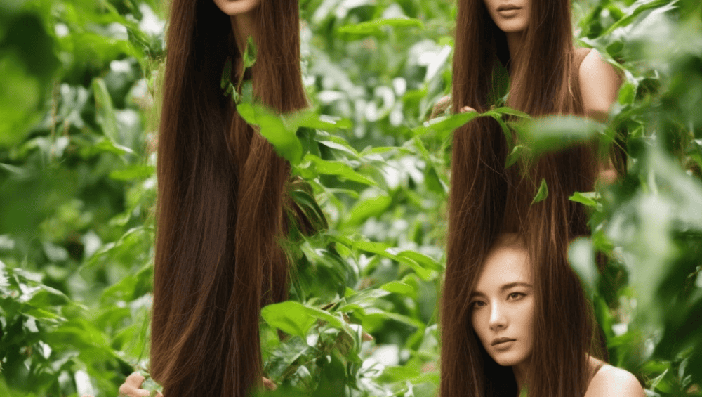 E, nature-inspired image featuring a beautiful, luscious, and long-haired woman, surrounded by lush greenery, with a subtle batana oil bottle and a few strategically-placed hair strands in the foreground